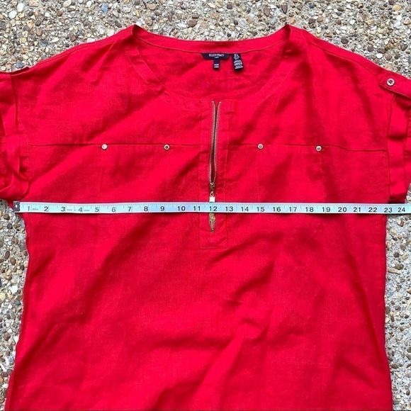 Like New Ellen Tracy Red Linen Gold Details Short Sleeve Blouse Size L - Picture 5 of 9